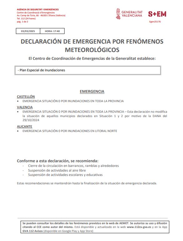 El Centro de Coordinación de Emergencias de la Generalitat establece la 'emergencia situación 0' - GVA