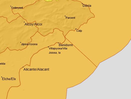Avisos meteorológicos alerta naranja por vientos y fenómenos costeros en la provincia de Alicante/Fuente: AEMET