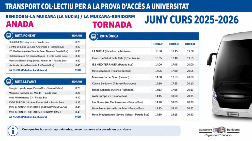 Horario autobús estudiantes de Benidorm para la selectividad en La Nucía/Ayuntamiento de Benidorm